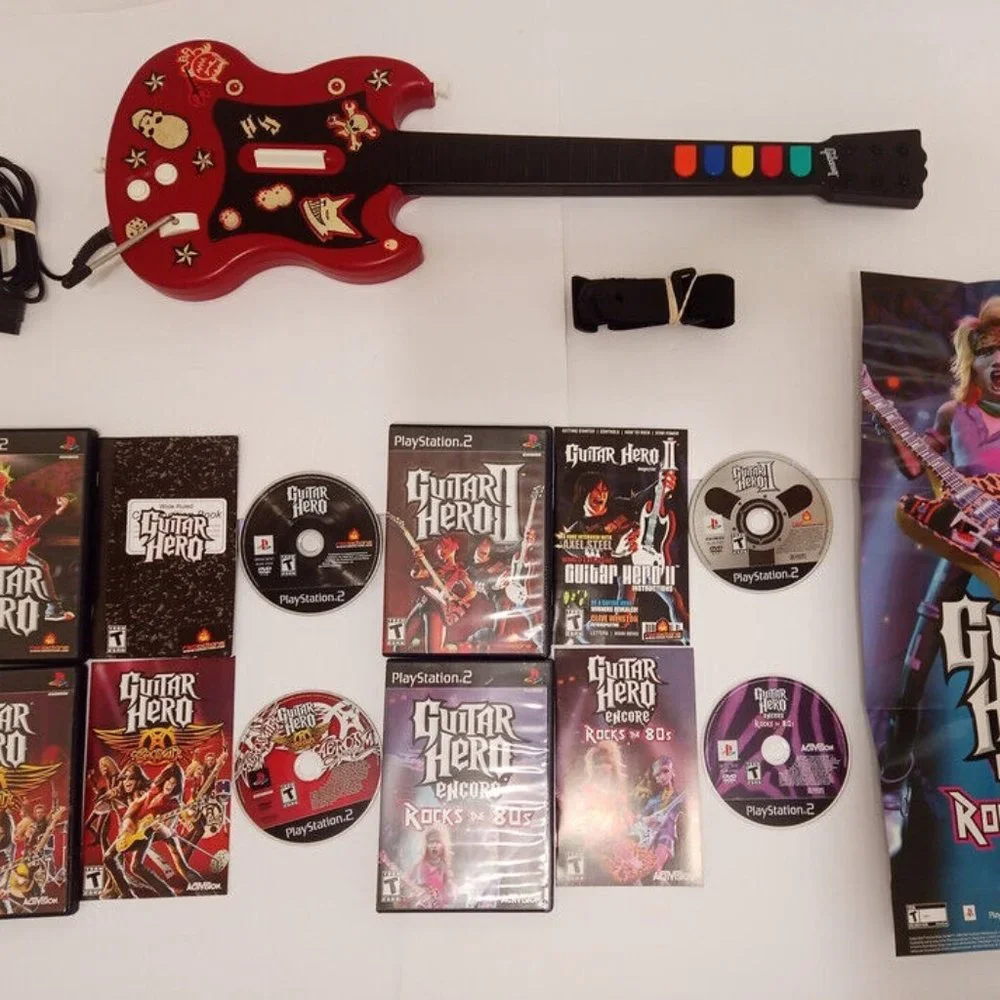 Ps2 Playstation 2 II Guitar Hero Controller Bundle 4 Games, Strap and Poster - Picture 1 of 15
